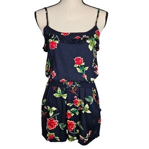 Audrey 3+1 Spaghetti Strap Short Romper, Dark Blue Floral, Medium